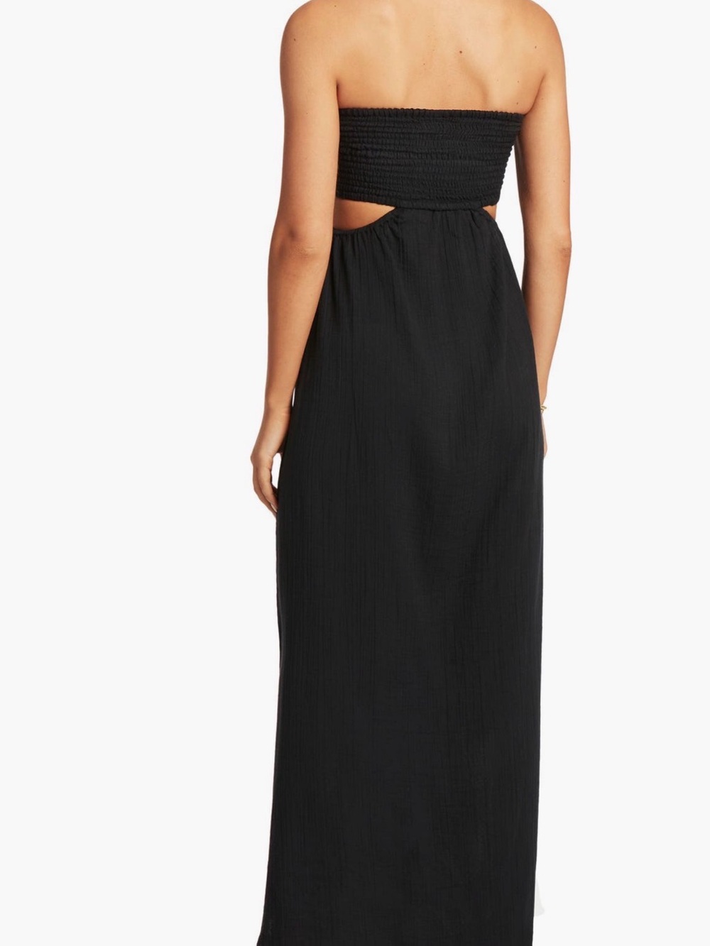 Sea Level Smocked Bodice Cotton Seersucker Maxi Cover-Up Dress Black L - Picture 2 of 5